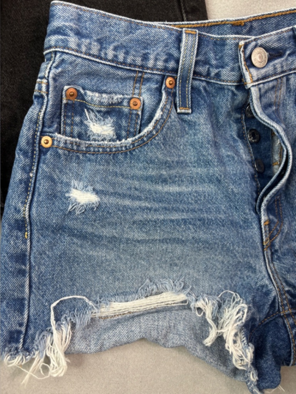 Levi's 501 S Button Fly Raw Hem Black & Blue Distressed Denim Shorts Duo - Picture 4 of 7